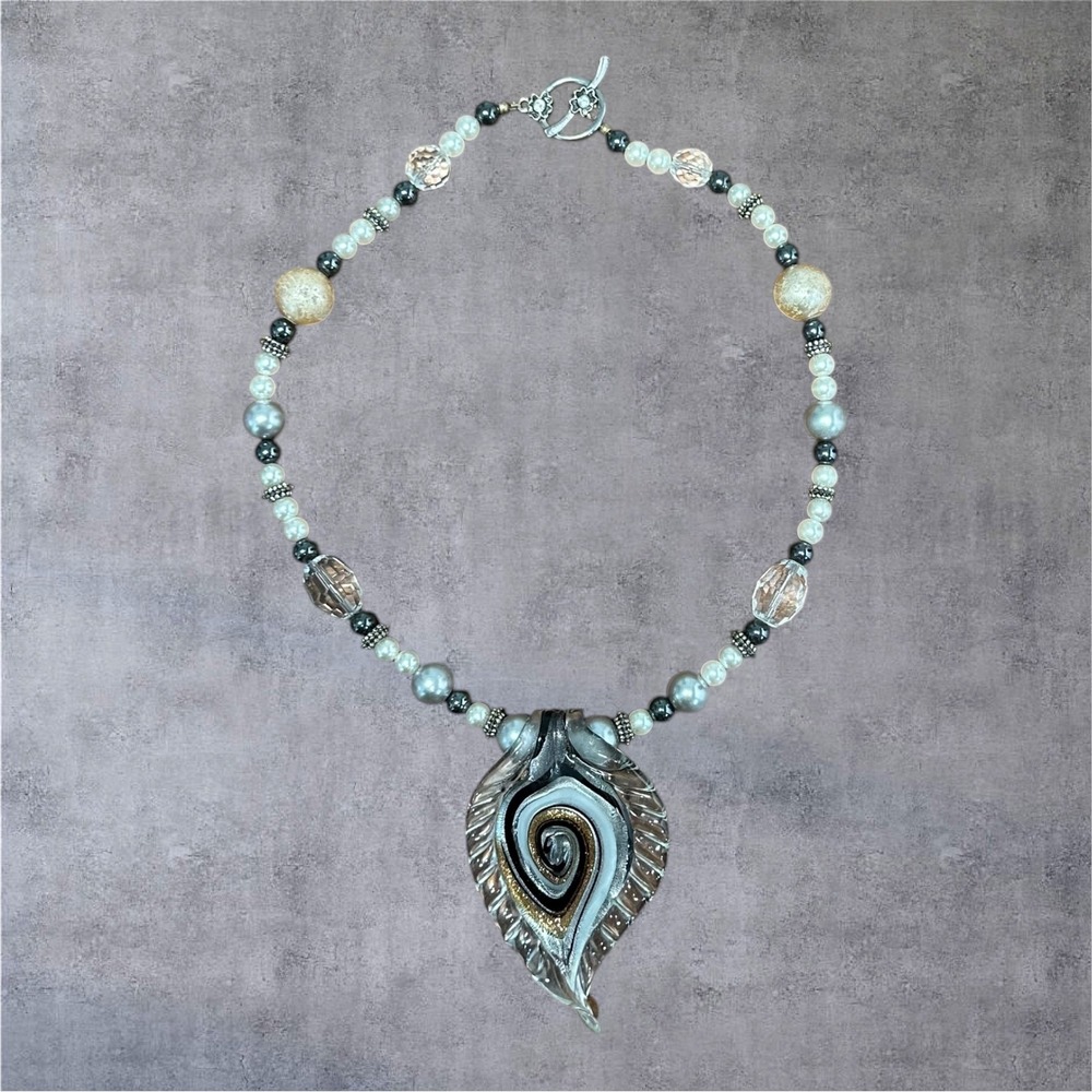 Artisian Glass Leaf Pendant Necklace Multicolor Silver White Brown Boho - Picture 3 of 9